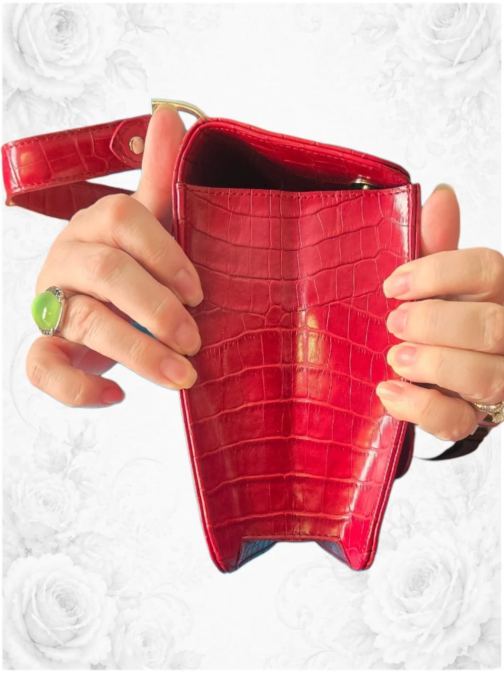 Red Croc-Embossed Structured Top-Handle Bag
